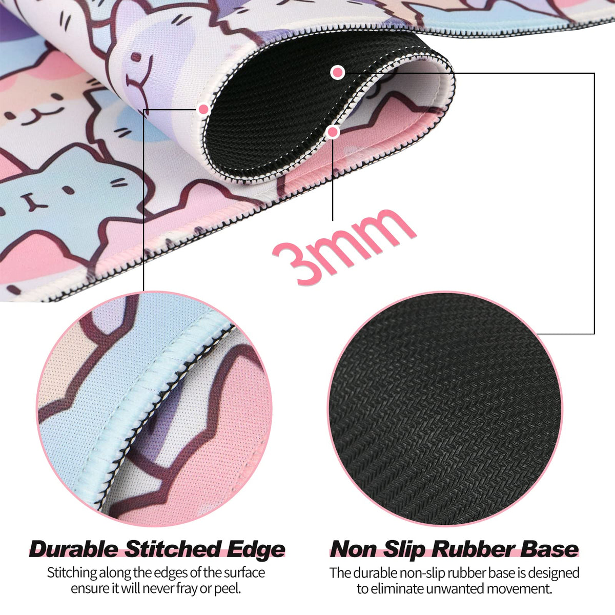 JIANG100 Cute Kawaii Cat Gaming Desk Mat, Extended Large Mouse Pad, Pink