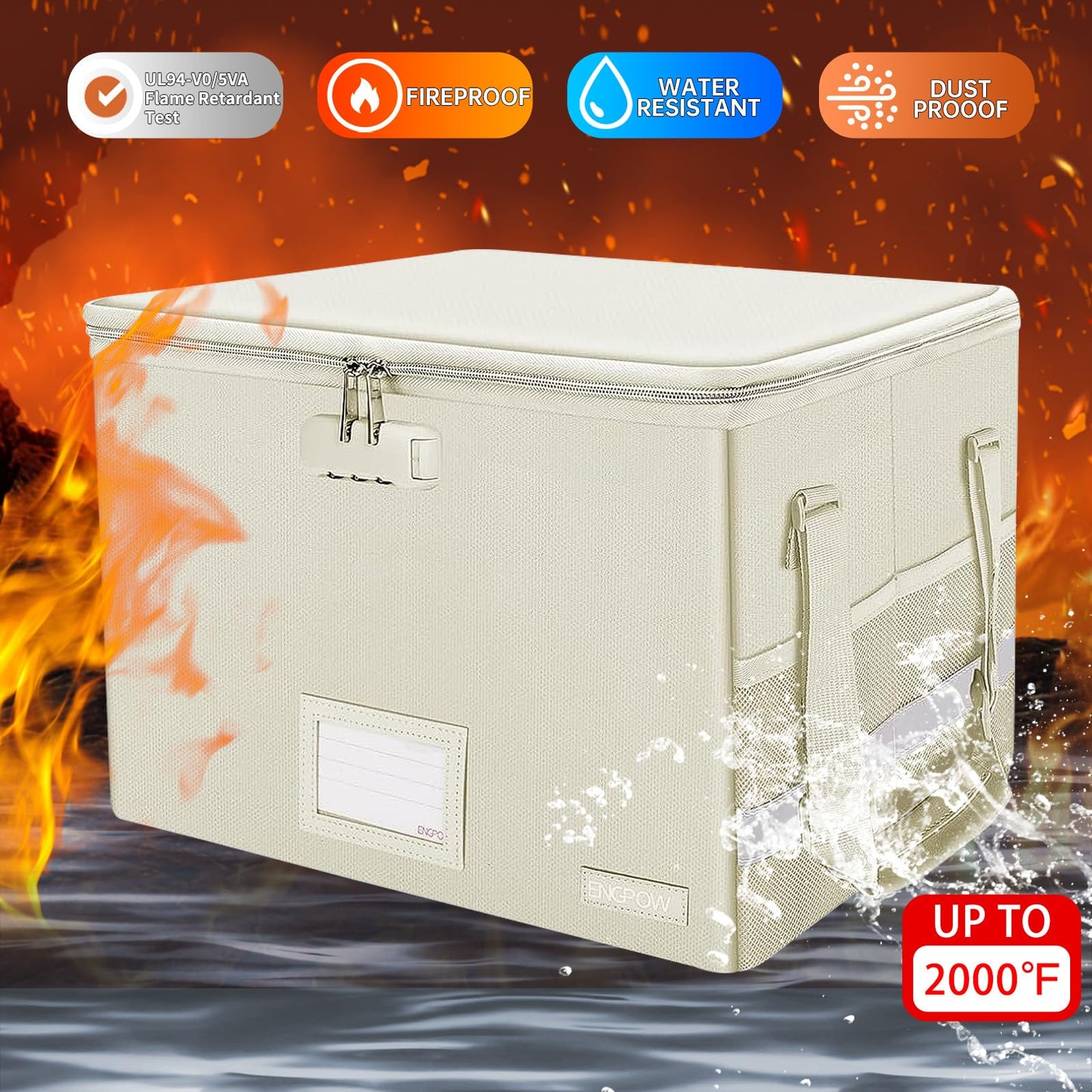 ENGPOW File Box with Lock,Fireproof Document Box with Zipper Lid,Collapsible File Storage Organizer