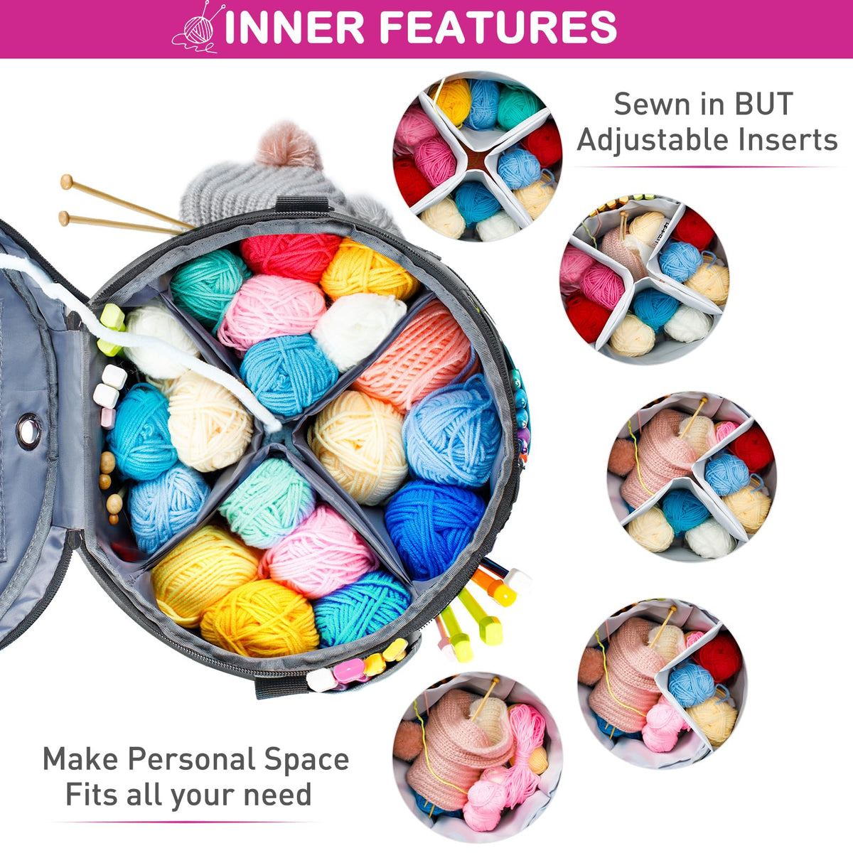 MYBAGZING Expandable Crochet Bag Organizer w/Yarn Grommets& Zipper Closure