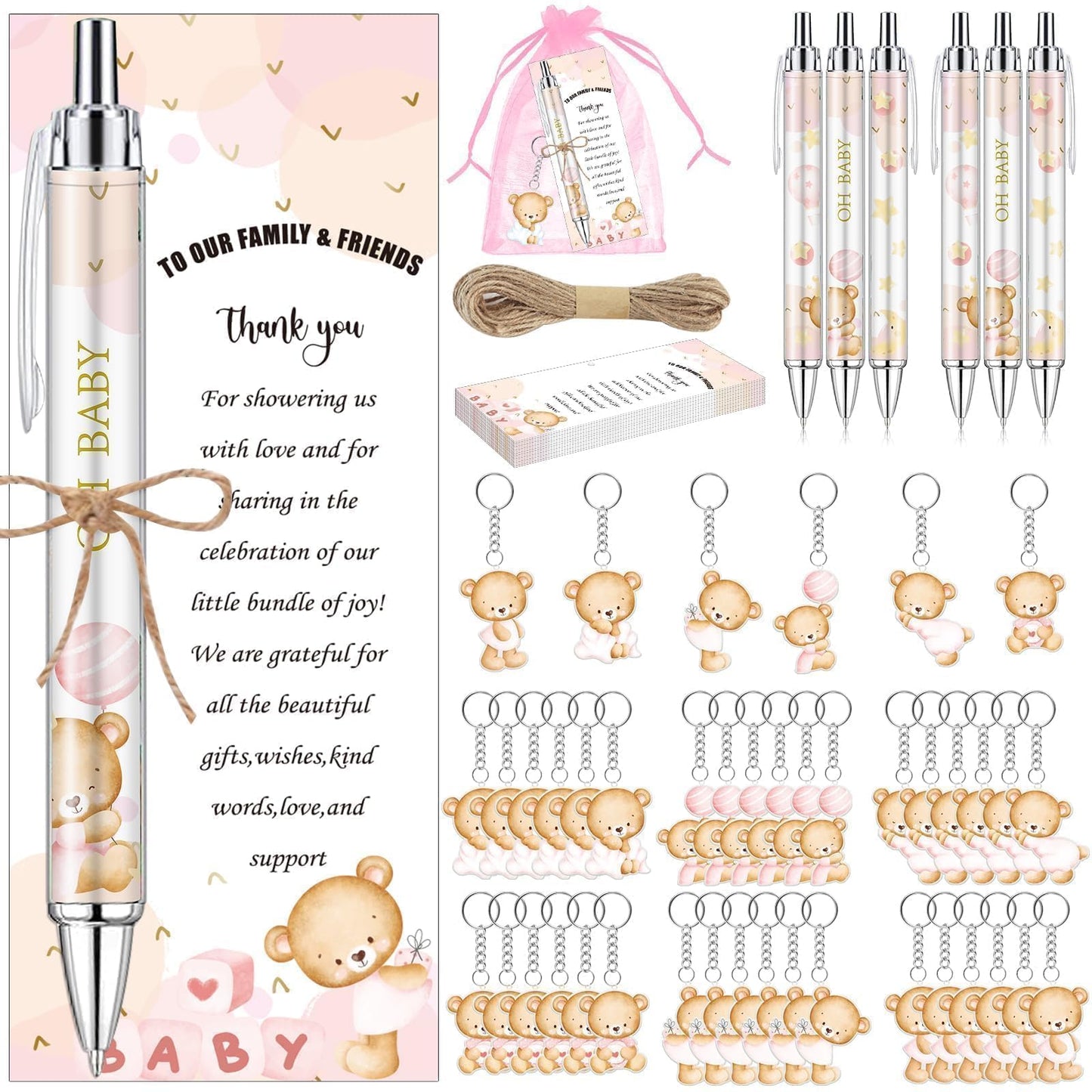145 Pieces Baby Shower Favors for Guest Pink Bear Ballpoint Pens and Keychains Gifts for Baby Girls