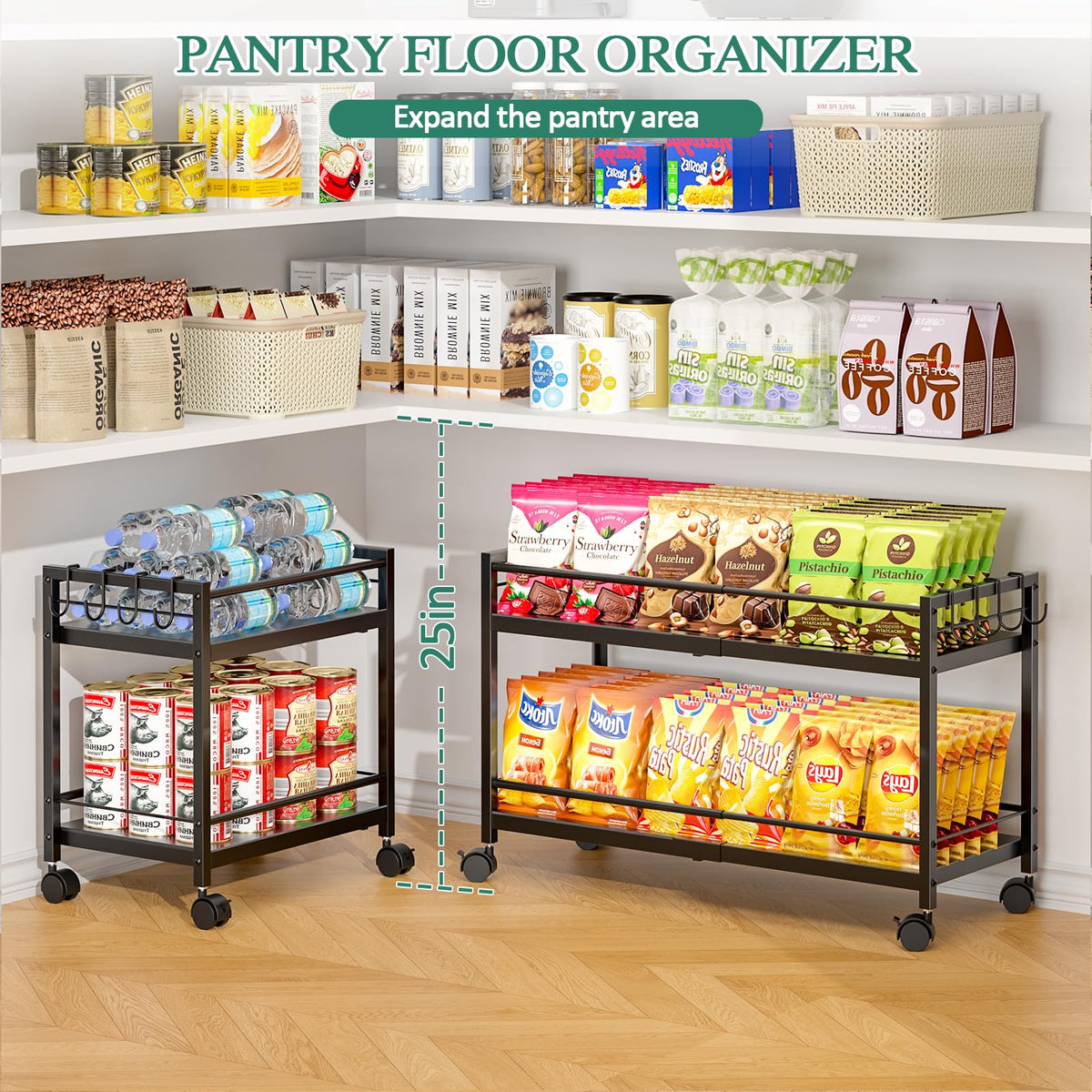 2-Tier Expandable Rolling Pantry Cart with Wheels, Adjustable Floor Organizer for Kitchen Pantry