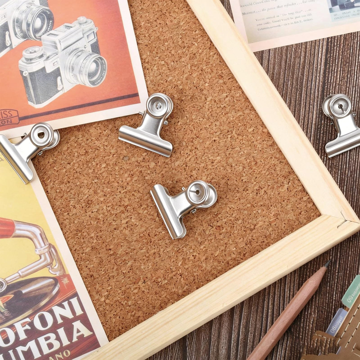 30 Pack Push Pins with Bulldog Clips, Silver, 1.2" Metal No Hole Thumb Tacks for Cork Board