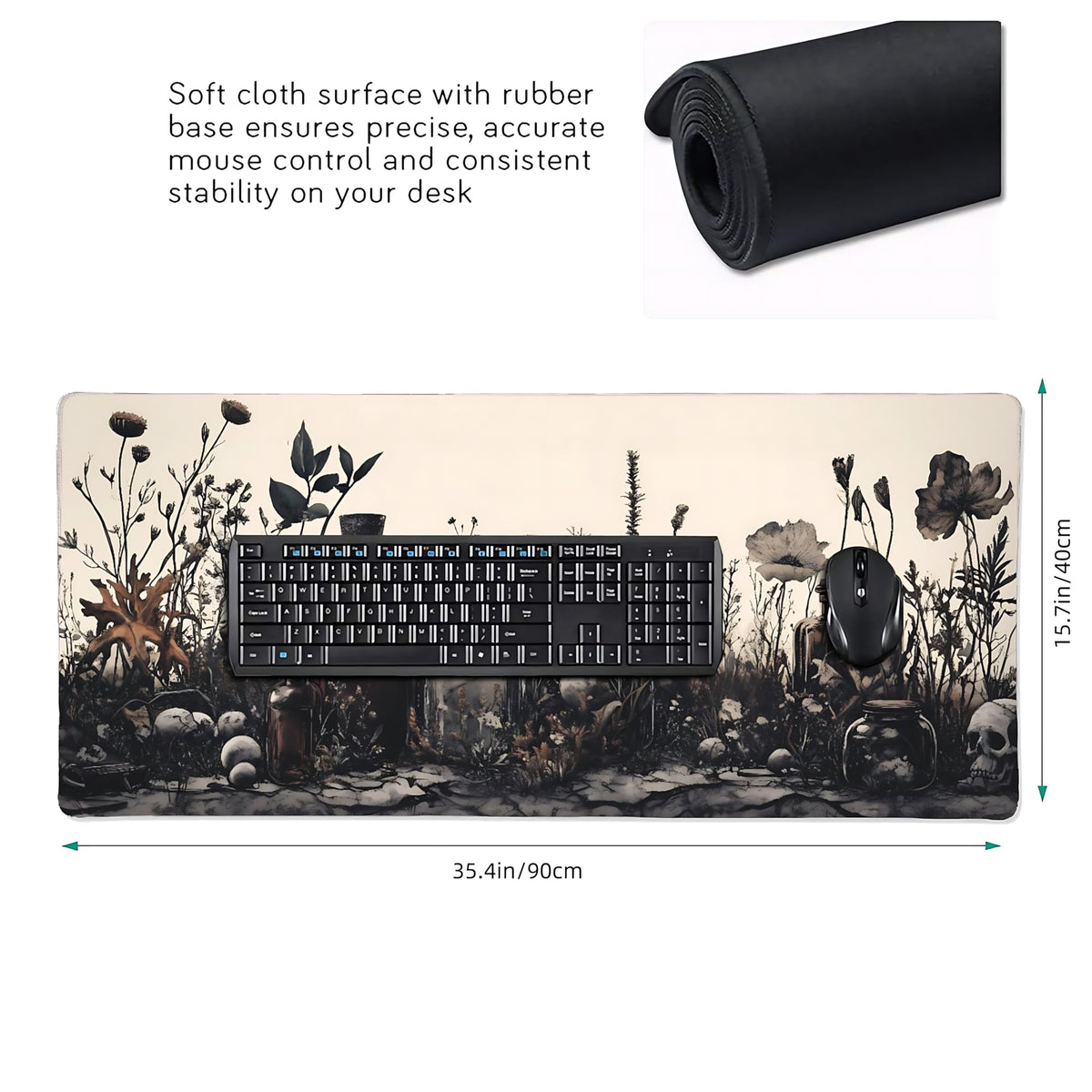 Aesthetic Skull Gaming Mouse Pad, Earth Tone Vintage Botanical Desk Mat with Anti-Slip Base &