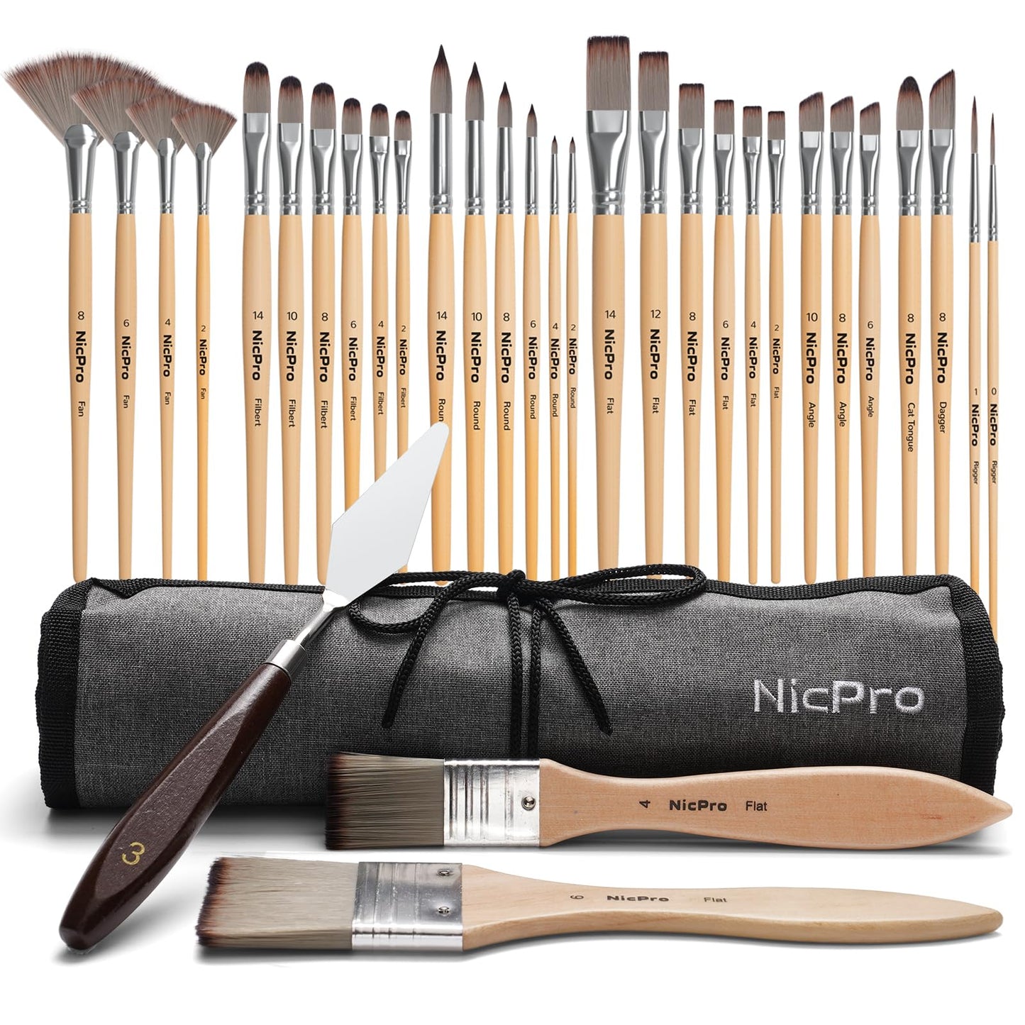Nicpro 32pcs Paint Brush Set, Acrylic Paint Brushes, Professional Artist Series with Paint Spatula