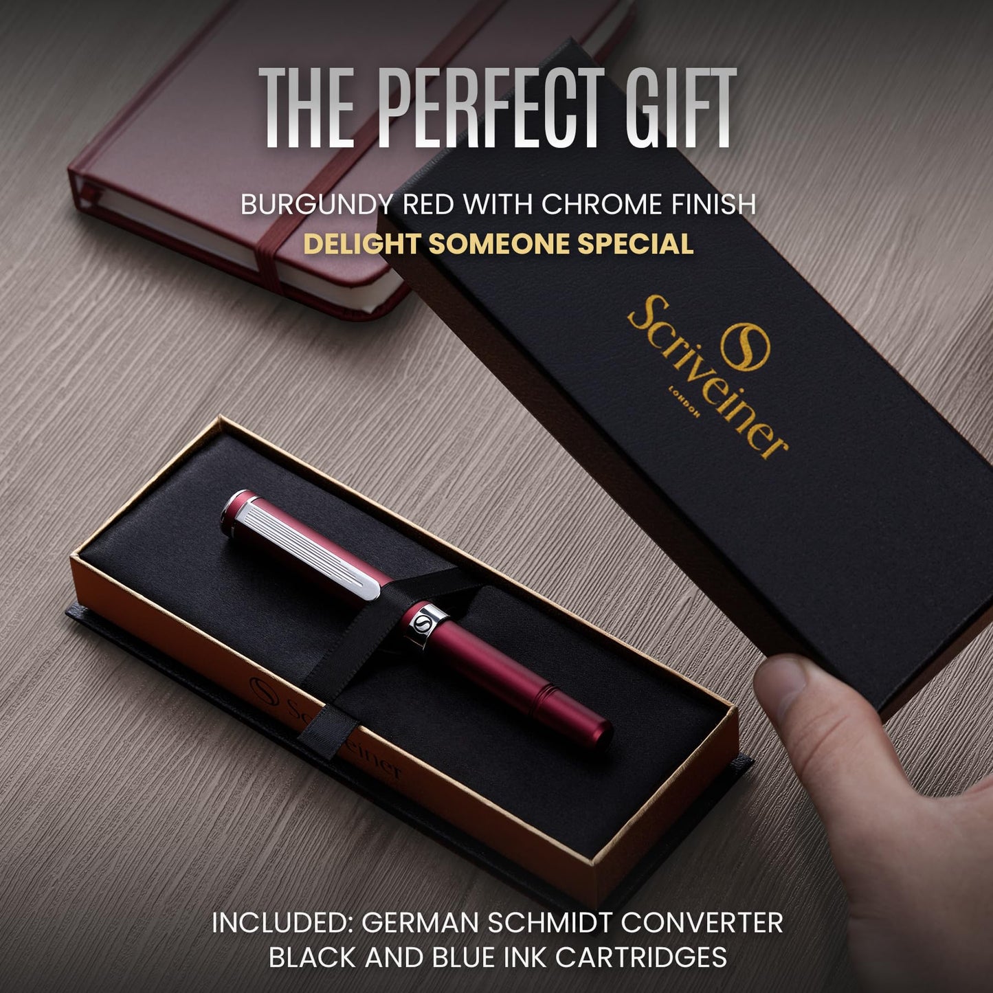 Scriveiner Luxury EDC Fountain Pen (Fine), Stunning Matt Red Pocket EDC with Chrome Finish, Schmidt