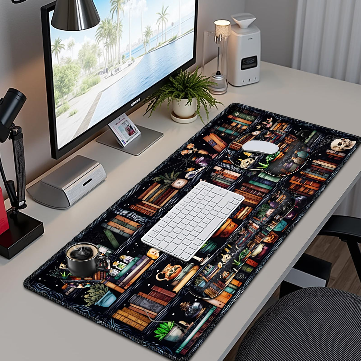 Forest Library Books Mouse Pad, XXL Large Desk Mat Extended Nature Aesthetic Deskpad, 4 PCS