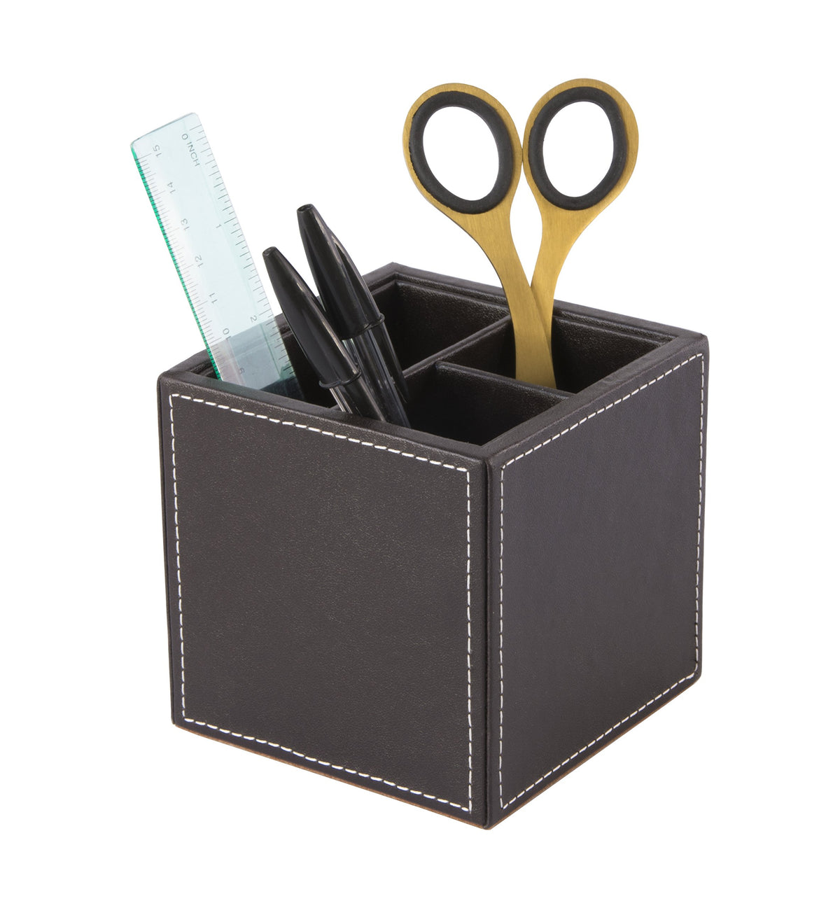 OSCO Faux Leather Square Pen Pot - Brown