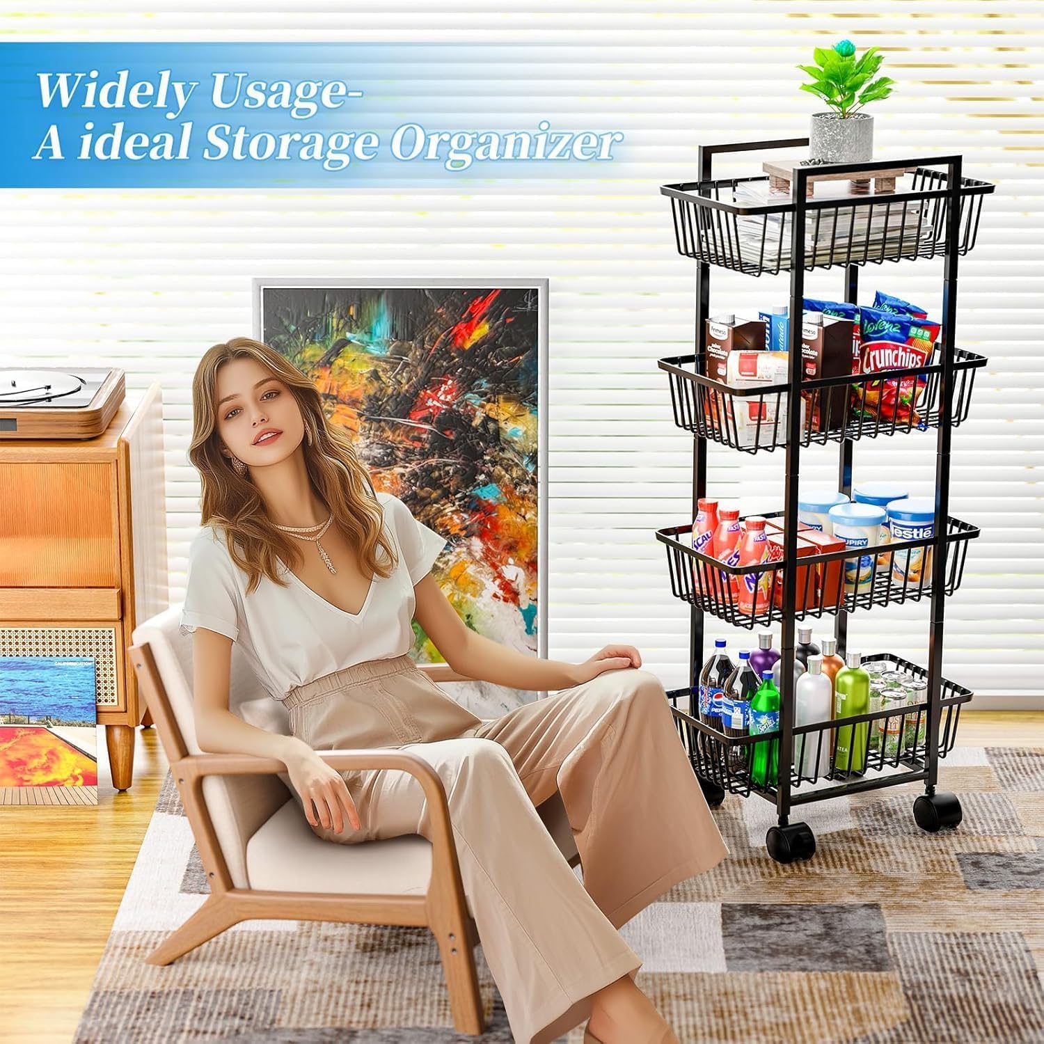 Simple Trending 4 Tier Rolling Fruit Vegetable Basket Cart, Black