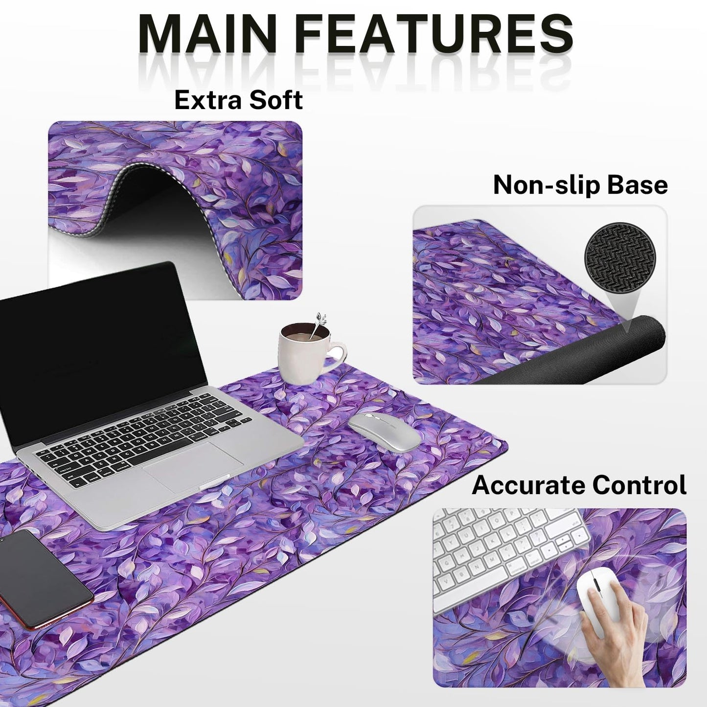 Britimes Keyboard Mouse Pad Set, 4 in 1 Desk Mat Set, Purple Leaves Oil