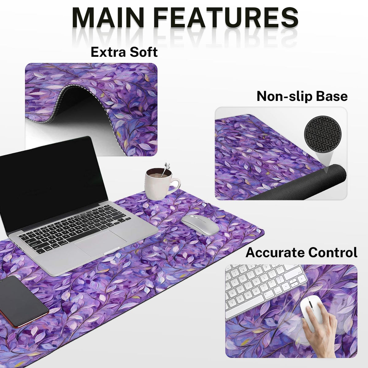 Britimes Keyboard Mouse Pad Set, 4 in 1 Desk Mat Set, Purple Leaves Oil