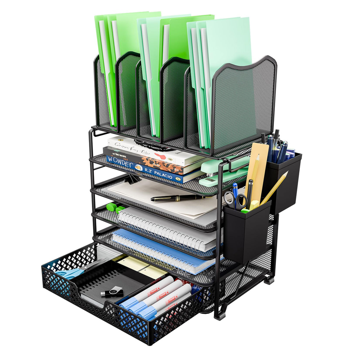 Simple Trending 5 Tier Mesh Desk File Organizer, Paper Letter Tray File Holder with Sliding Drawer