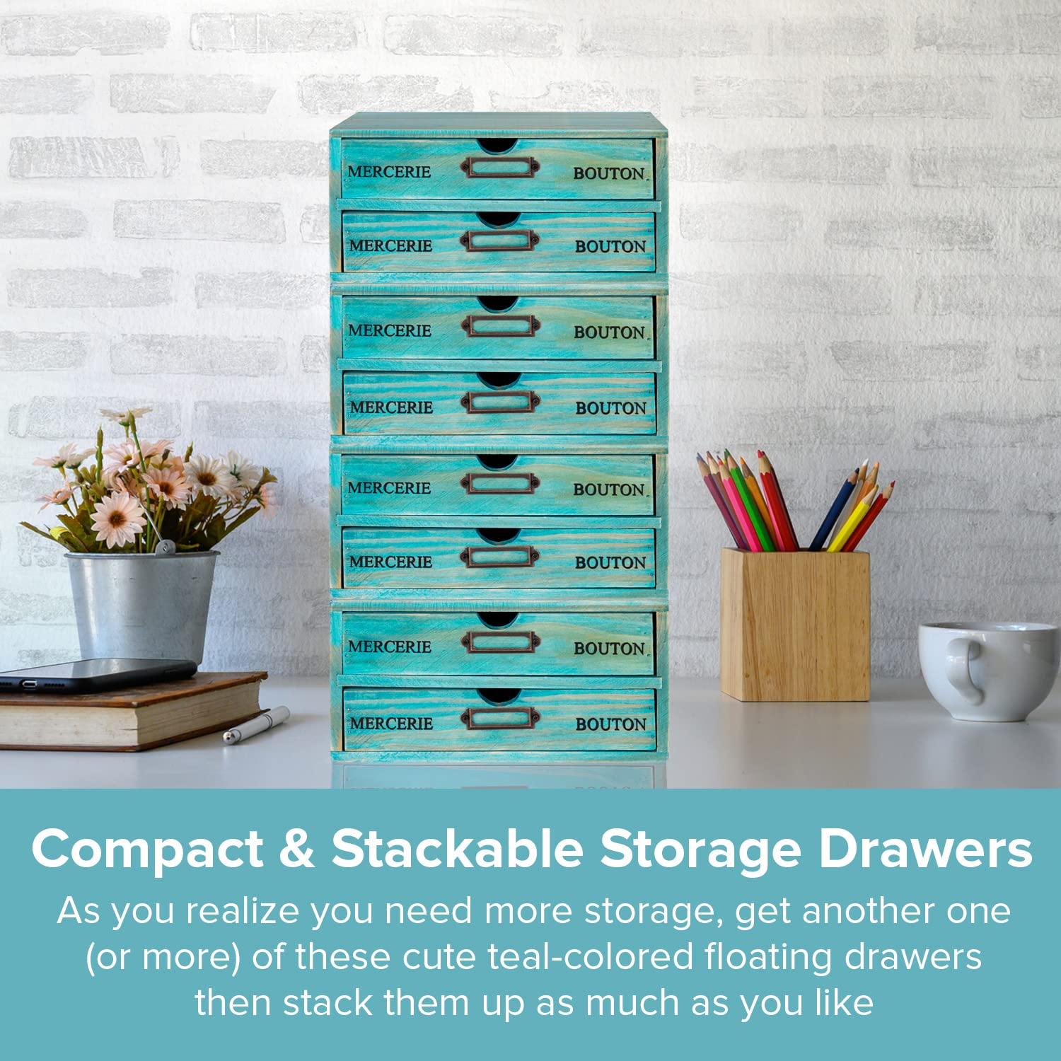 Turquoise 4-Tier Drawer Unit - Teal European Country Style Desk Organizer Box - 9.7x7x10 Wooden