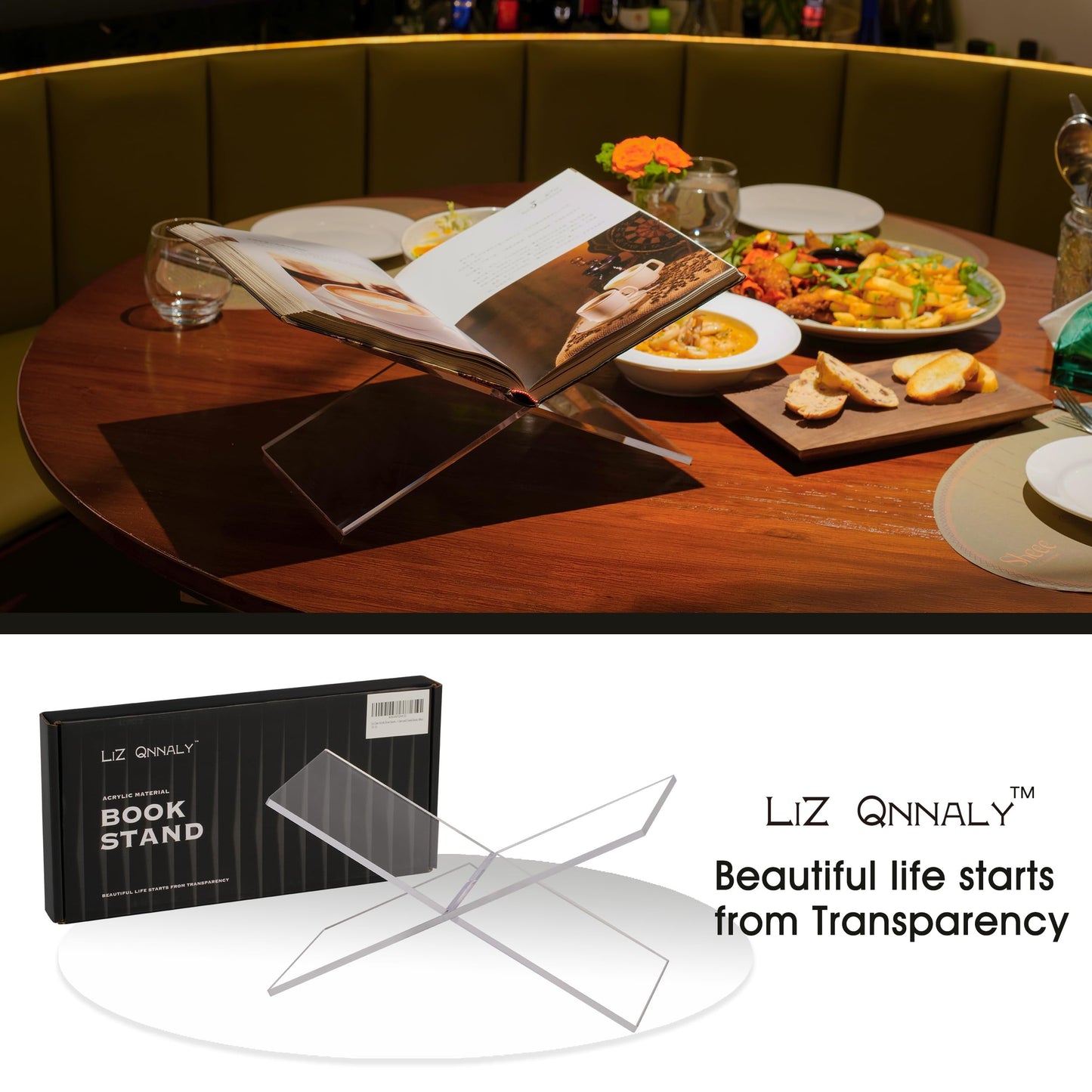 LIZ QNNALY Clear Acrylic Book Holder，Transparency Reading Open Book Stand with Paperweight, Perfect