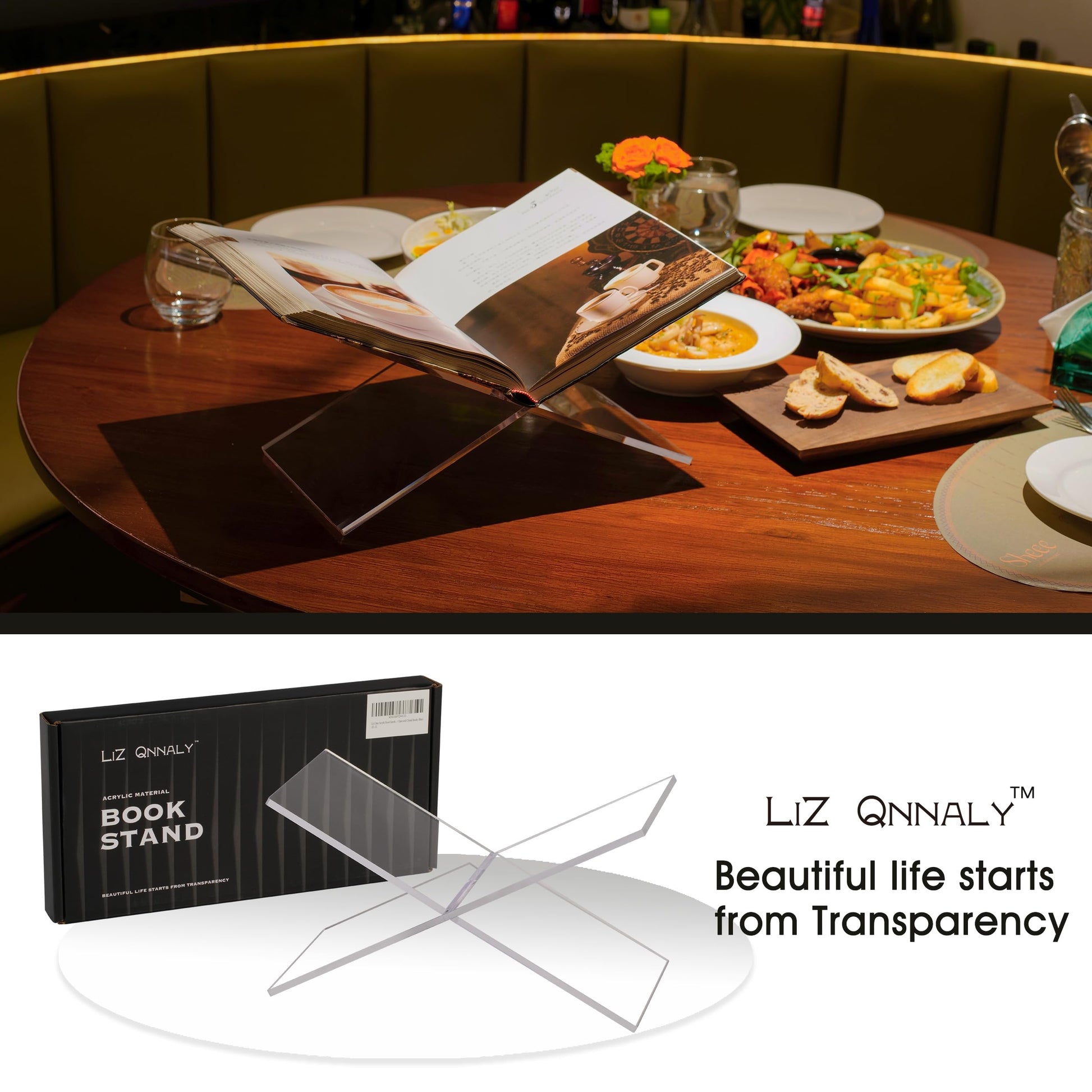 LIZ QNNALY Clear Acrylic Book Holder，Transparency Reading Open Book Stand with Paperweight, Perfect