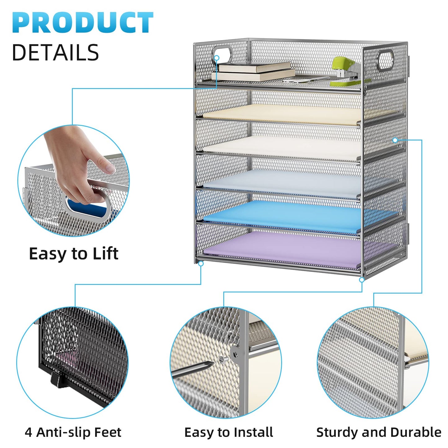 Marbrasse Paper Letter Tray - 6 Tier Mesh File Organizer with Handle, Paper Sorter for Letter/A4