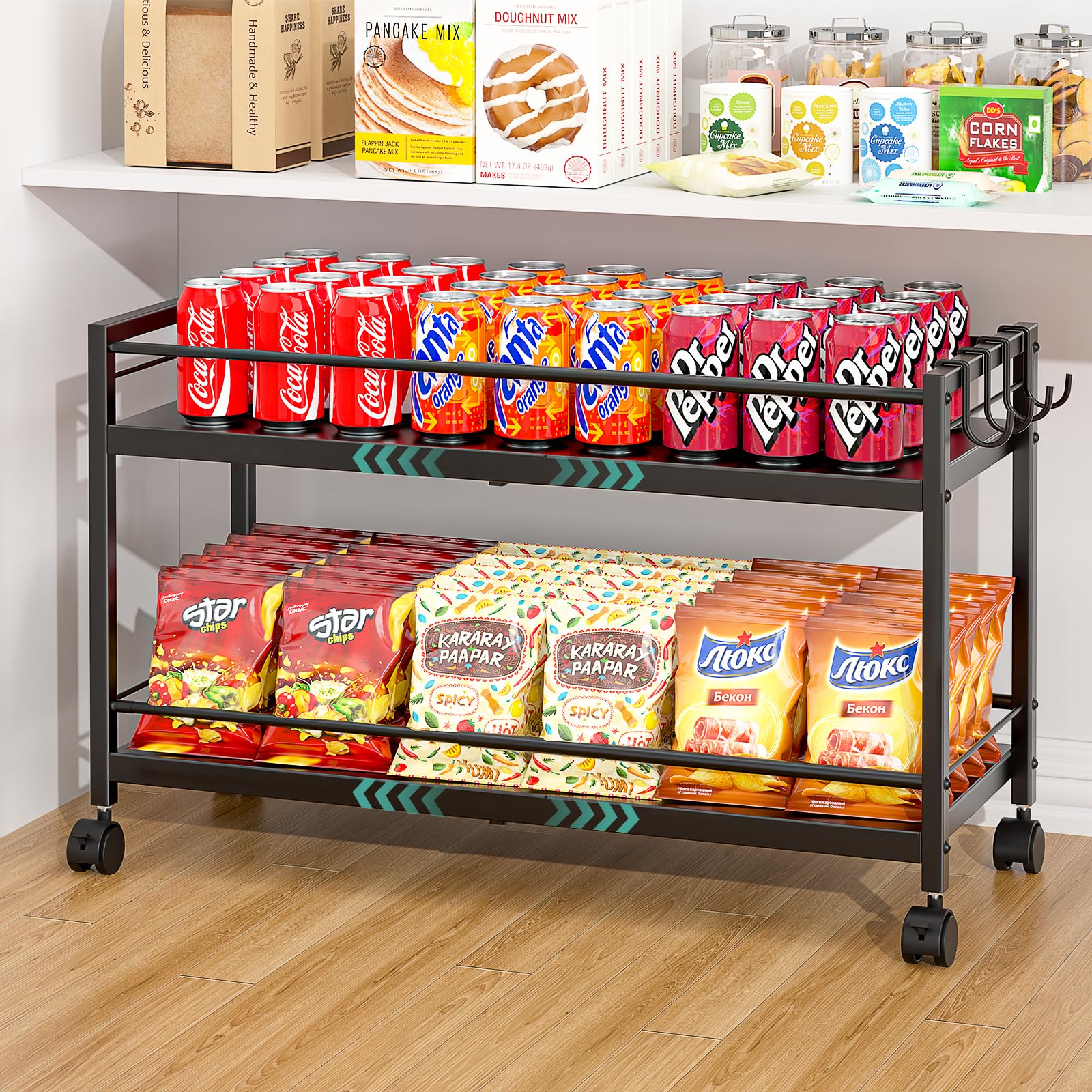 2-Tier Expandable Rolling Pantry Cart with Wheels, Adjustable Floor Organizer for Kitchen Pantry