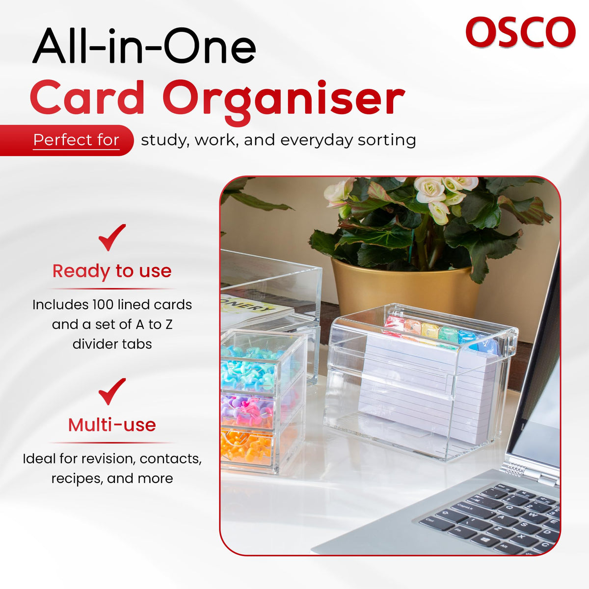 OSCO Medium Clear Acrylic Index Box, A to Z Divider Tabs, 100 Lined Note Cards, 5" x 4", Ruled