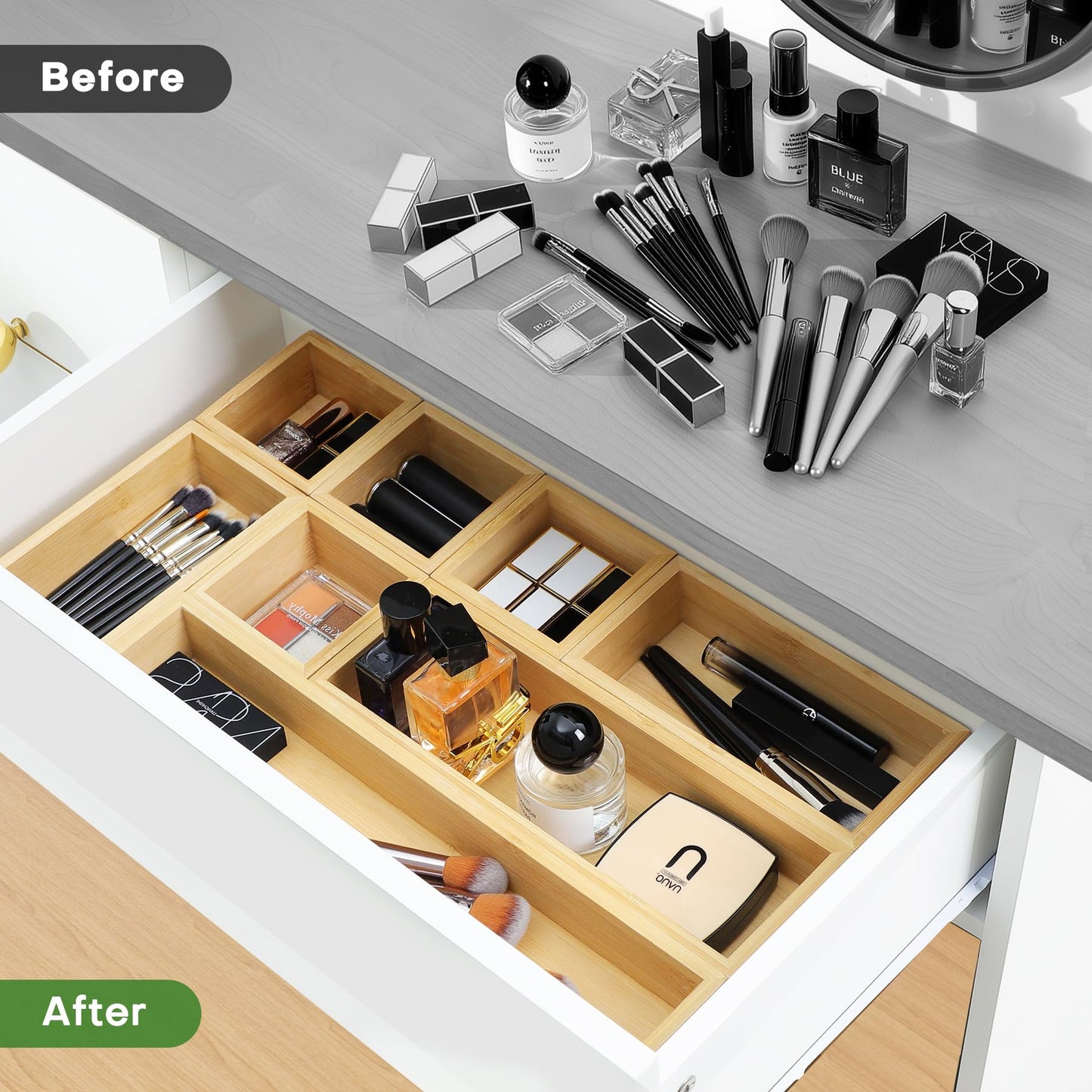 MapleGrace Bamboo Drawer Organizer Set, 9 PCS Wood Storage Organizers
