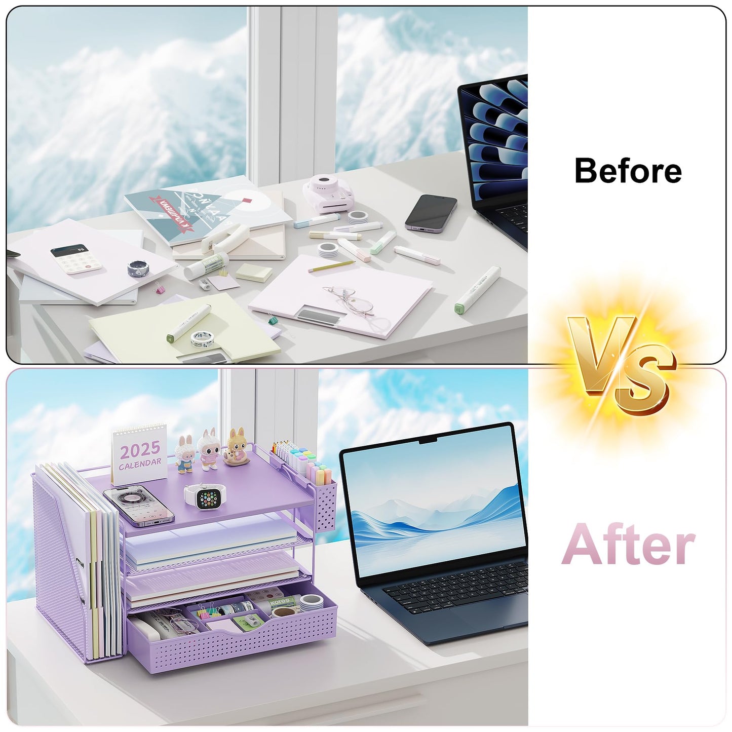 Wood Desk Organizers and Accessories with File Holder, 4-Tier Desk Accessories & Workspace