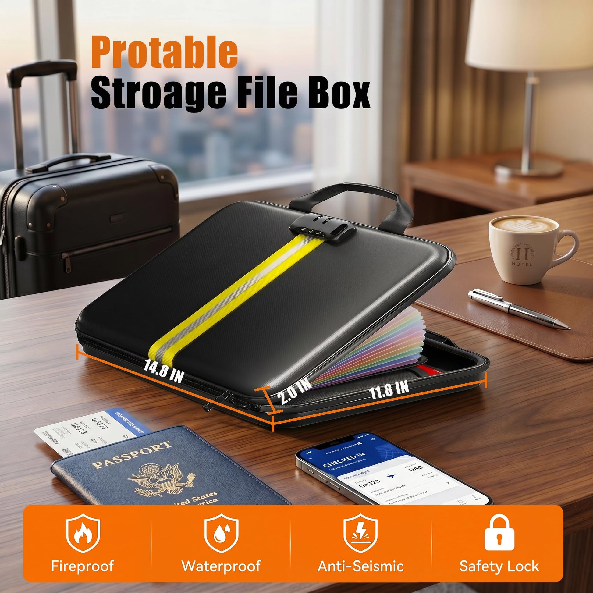 IPYIPY Fireproof Document Organizer with Lock, Semi-Rigid EVA Shell File Box with 13-Pocket
