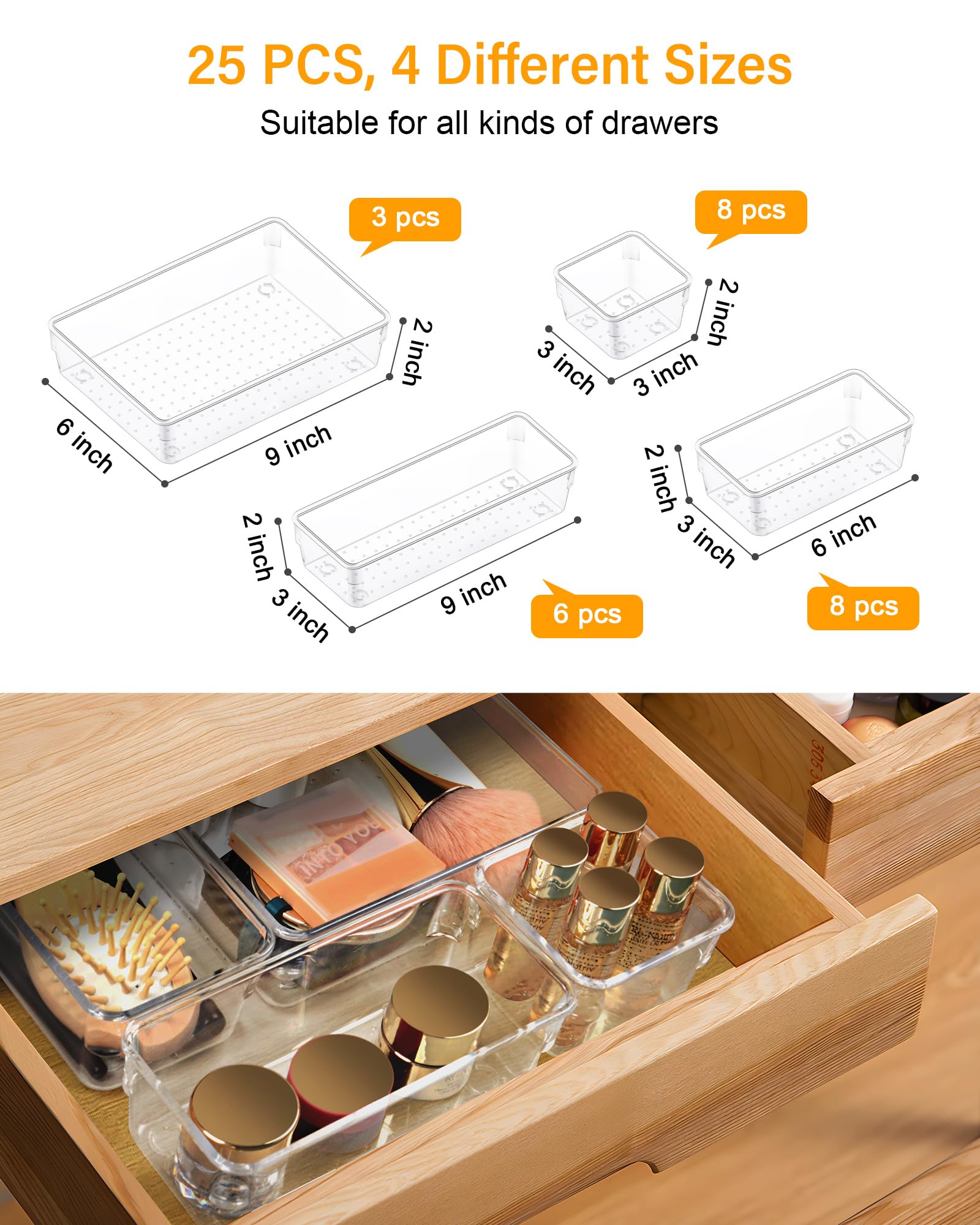 LUSCREAL 25 PCS Clear Plastic Drawer Organizers and Dividers, 4 Sizes Stackable Drawer Storage Bins