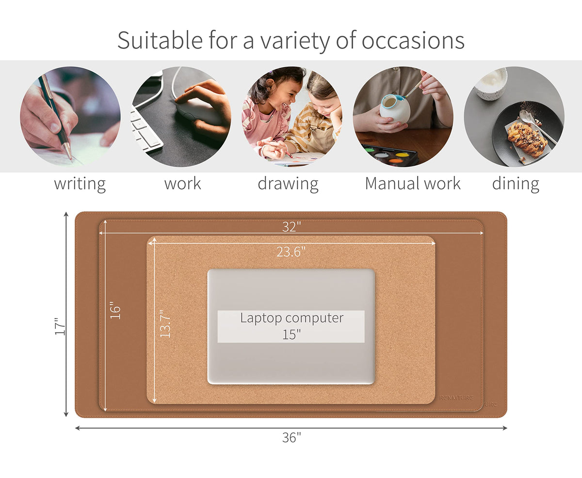 RENMTURE Dual-Sided Desk Pad, Natural Cork & PU Leather Large Mouse mats for Office and Home Work