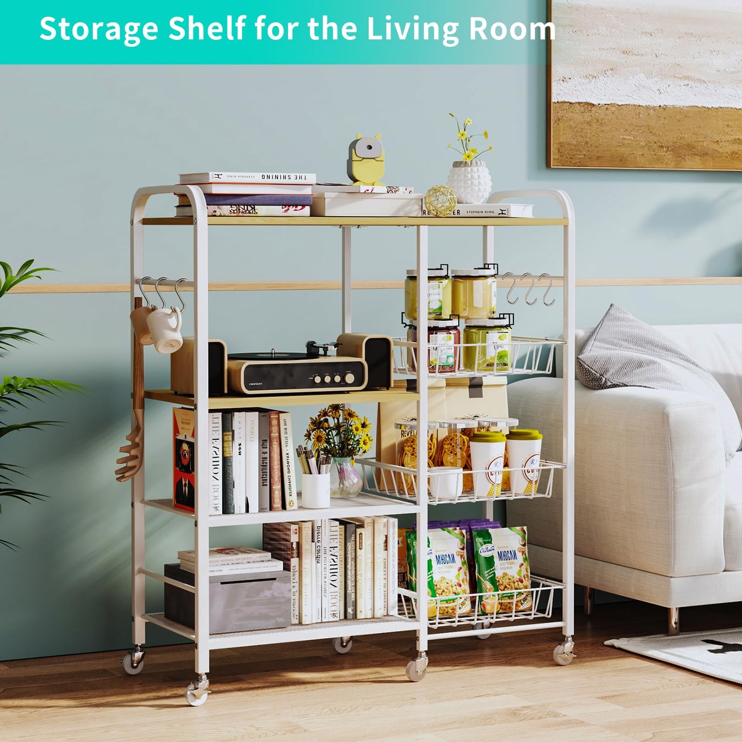 HapiRm Rolling Kitchen Microwave Cart - 4 Tier Microwave Table Stand with Pull-Out Baskets, Coffee