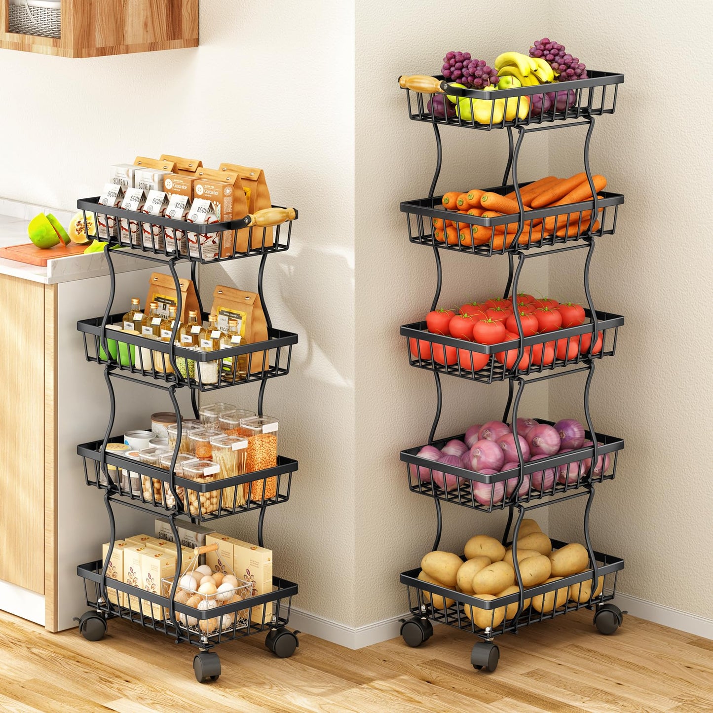 SAYZH 5-Tier Fruit Basket Stand with Vegetable Baskets for Kitchen, Black
