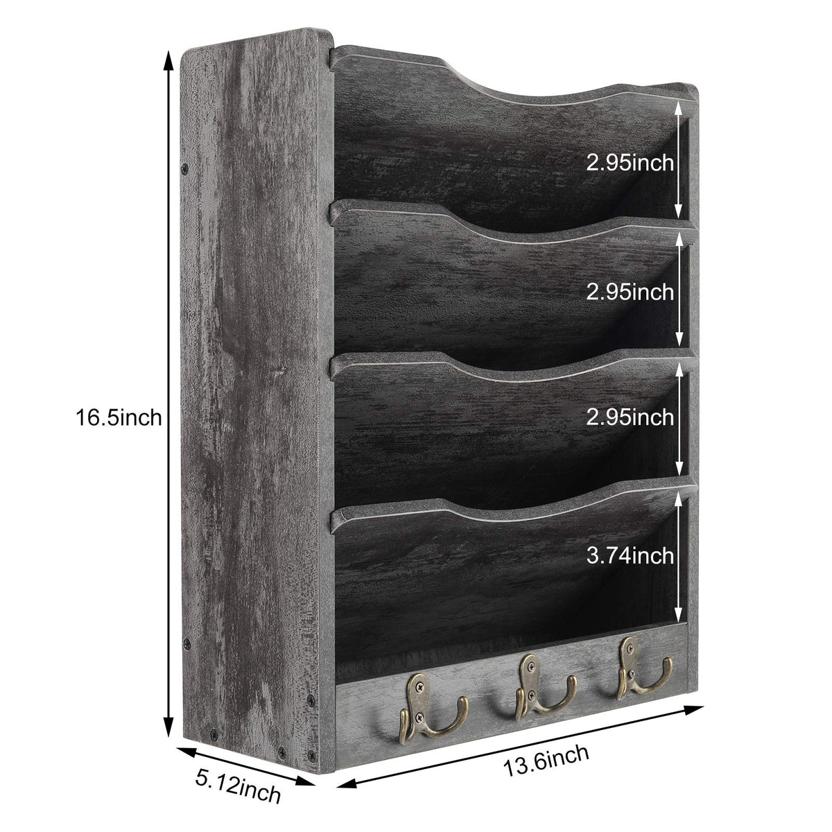 PAG-Mass 5-Tier Wall File Holder Hanging Mail Organizer Wood Magazine Literature Rack with 6 Hooks