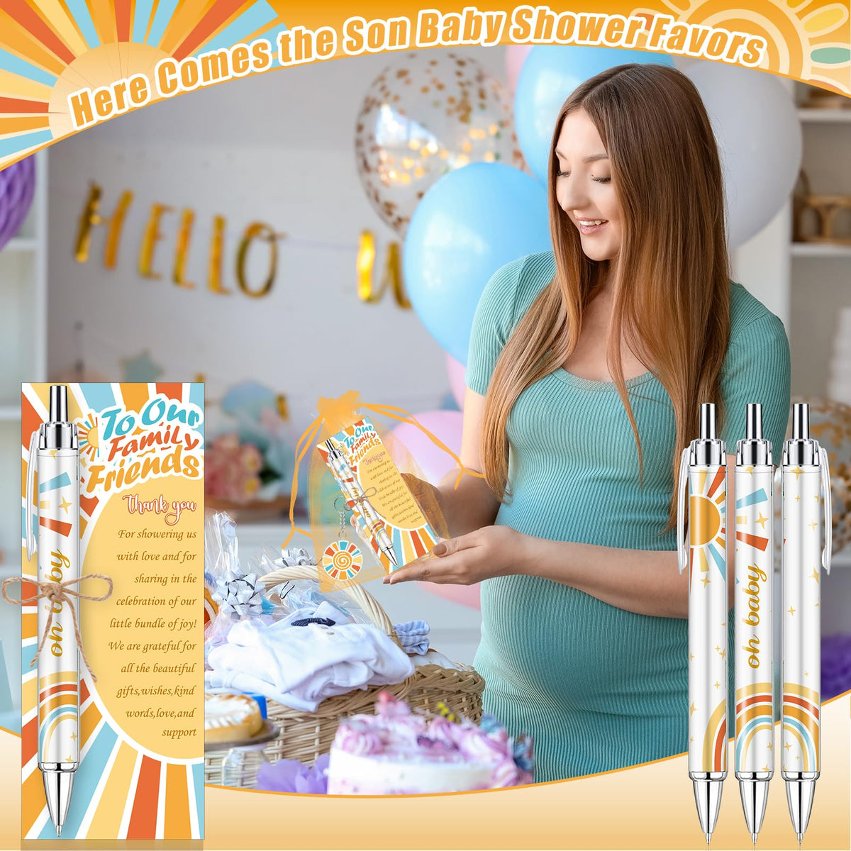 EYNDYN 289 Pieces Sun Baby Shower Gifts for Guest Here Comes the Son Ballpoint Pens and Keychains