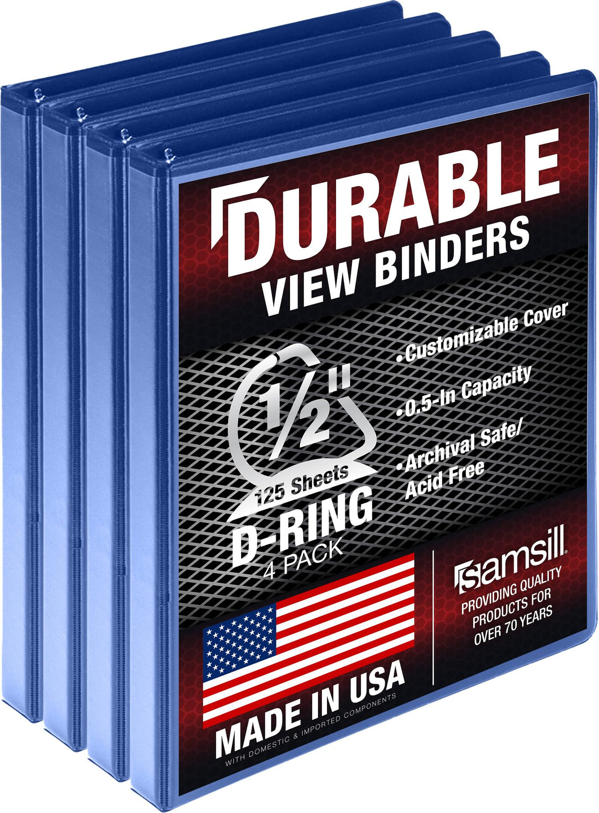 Samsill Durable 0.5 Inch Binder, D Ring Binder, 100% Recycled Chipboard, Blue, 4 Pack