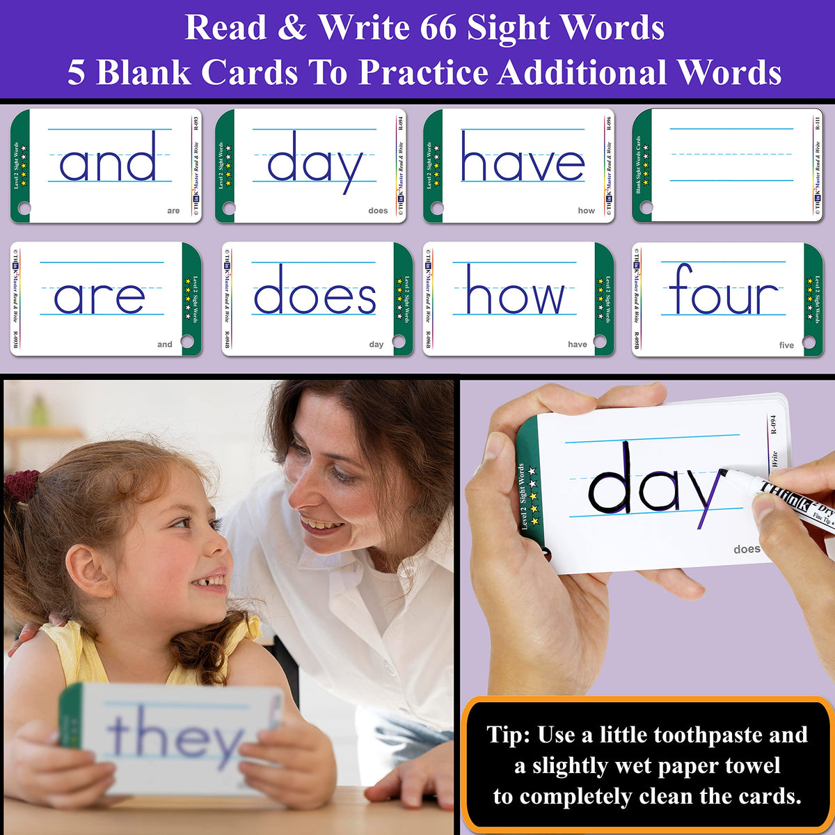 THINK2MASTER Premium 186 Laminated Alphabet, Sight Words & Phonics Flash Cards for Pre K &