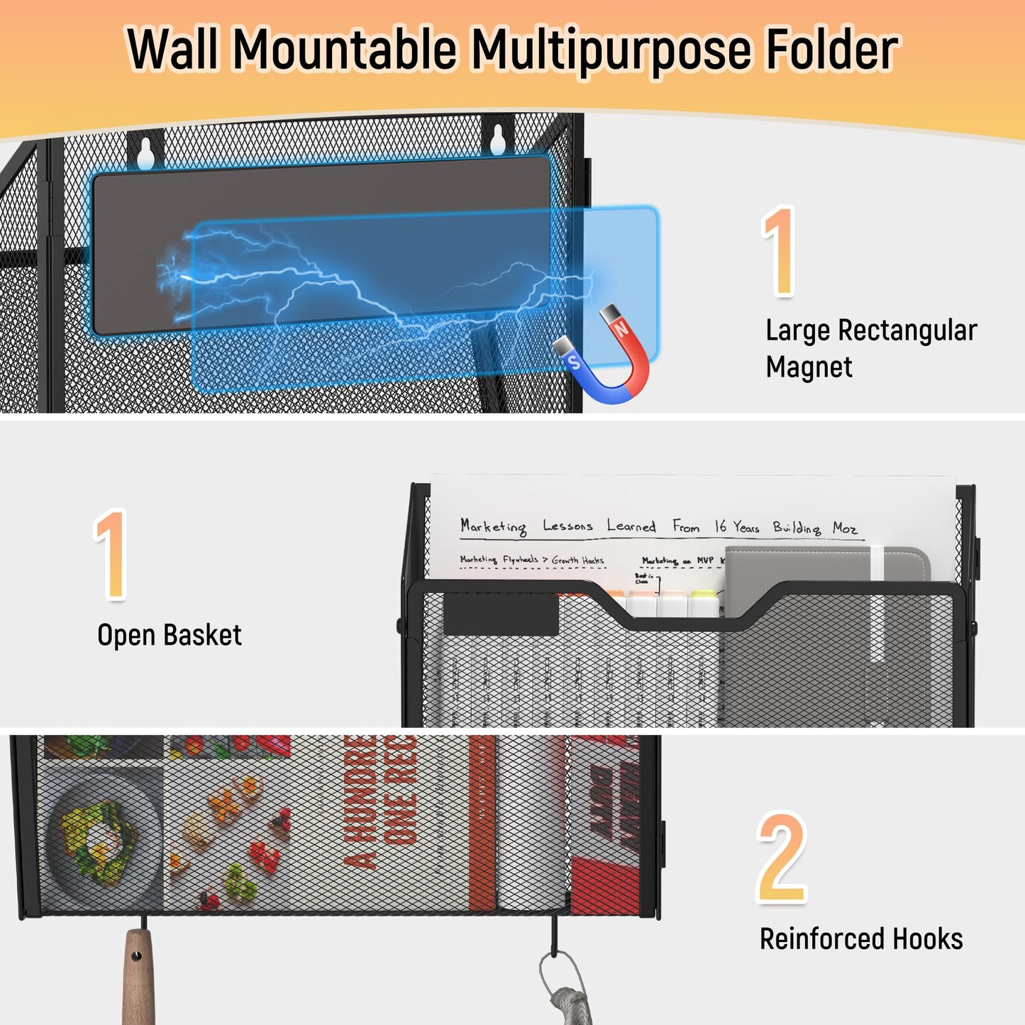 Docnest 3 Pack Dual-Mount Magnetic Mesh File Holders, Wall Organizer