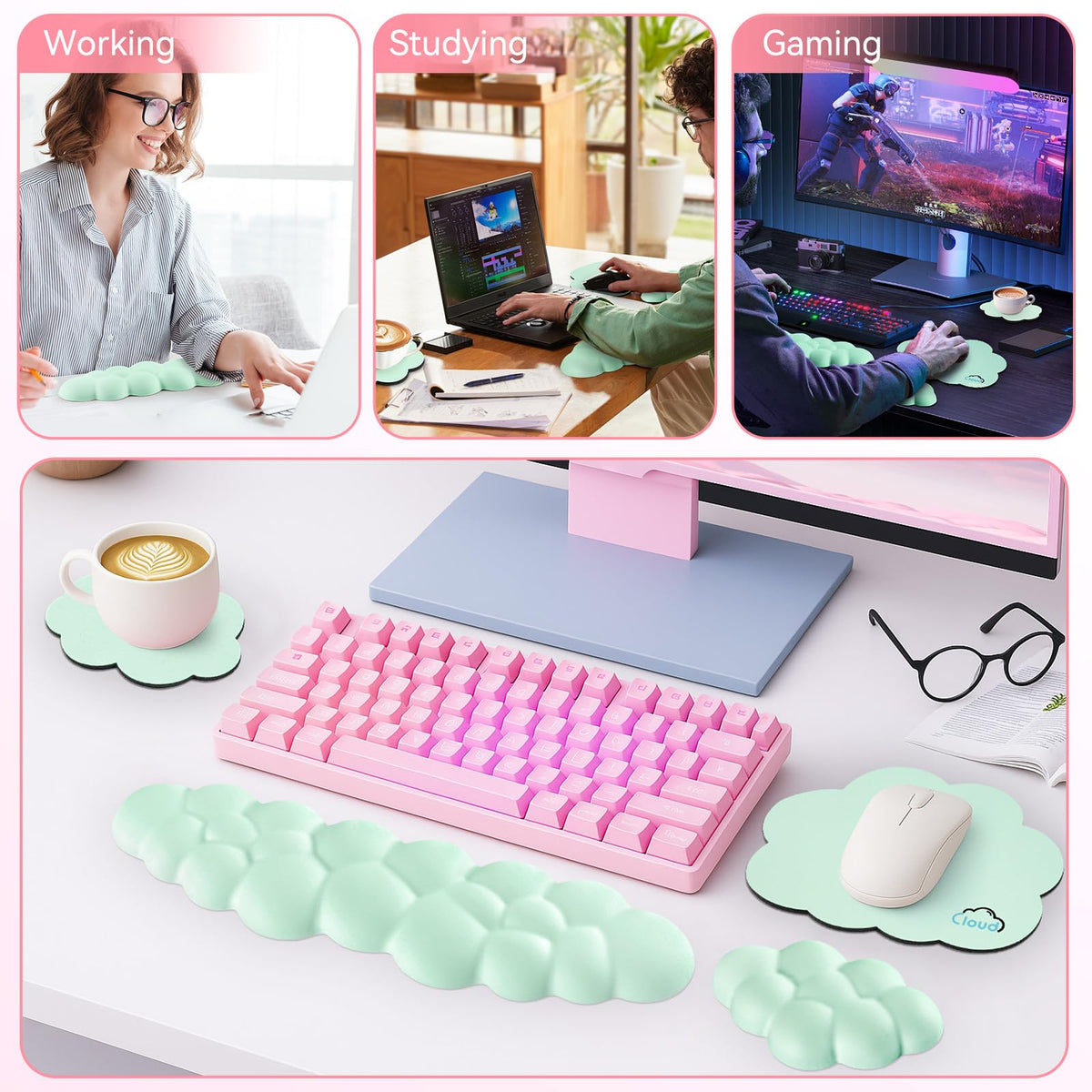 Sushret Cloud Wrist Rest for Computer Keyboard and Mouse Pa, Light Green