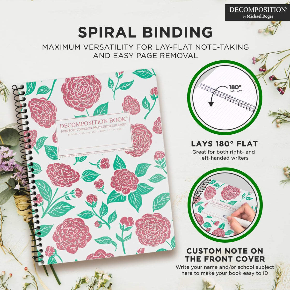 Decomposition Camellias College Ruled Spiral Notebooks – 9.75 x 7.5 Journal with 160 Lined Pages