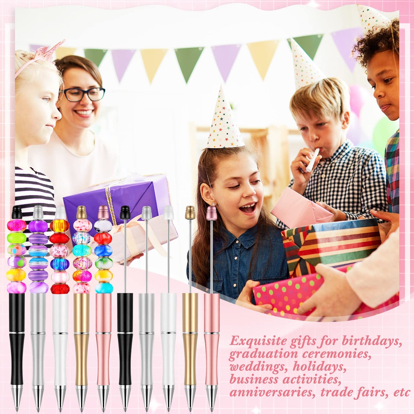 Crtiin 100 Pcs Beadable Pen School DIY Kit,Black Gold