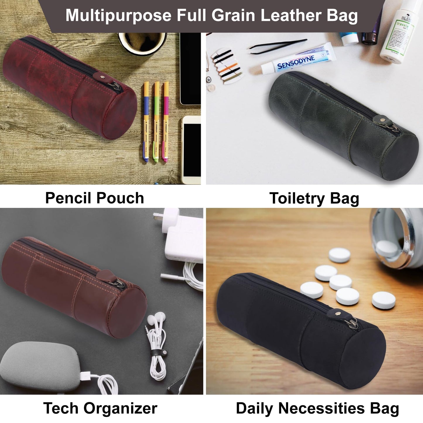 TheAntiq Tan Leather Pencil Cases Small for Men - Handcrafted Leather Pencil Case with Zipper