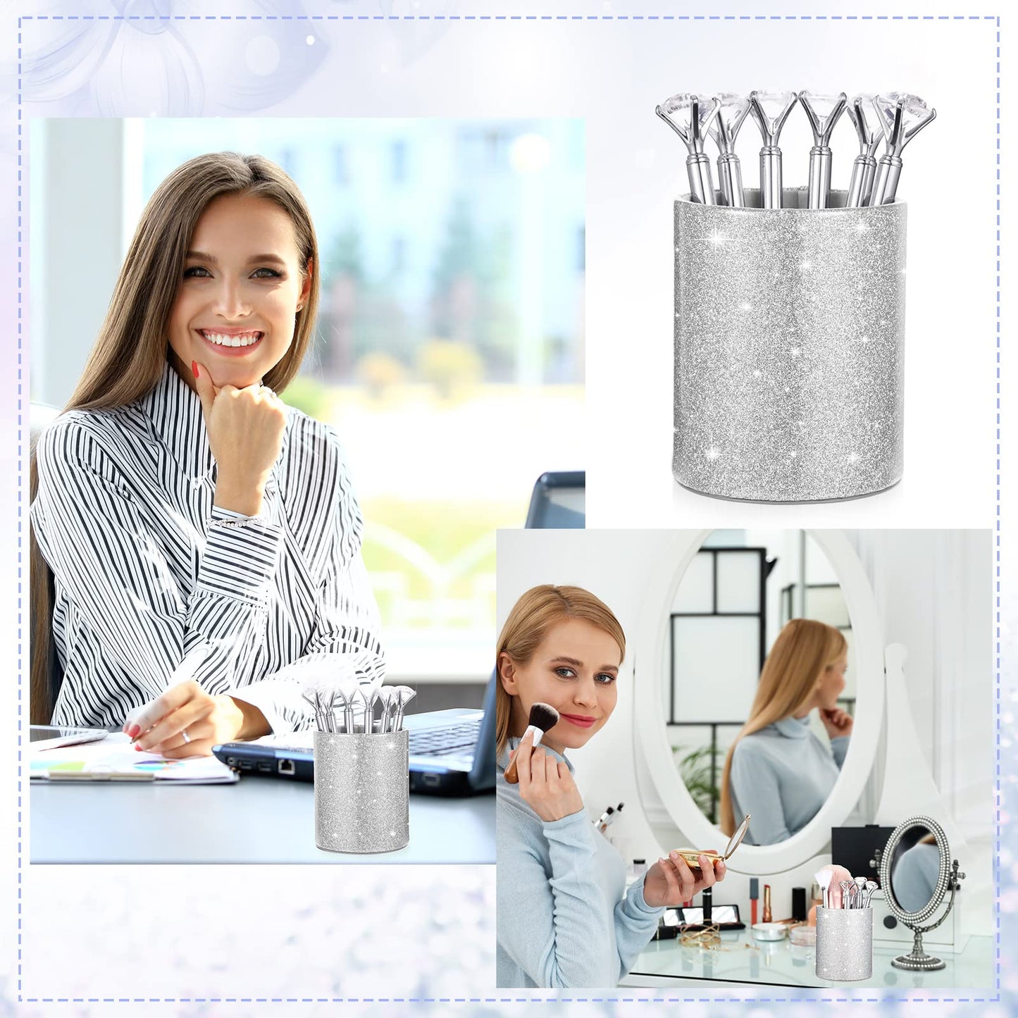 BBTO Pen Holder with 6 Pcs Bling Diamond Pens, Pencil Cups for Desk Glitter Bling Desk Organizer
