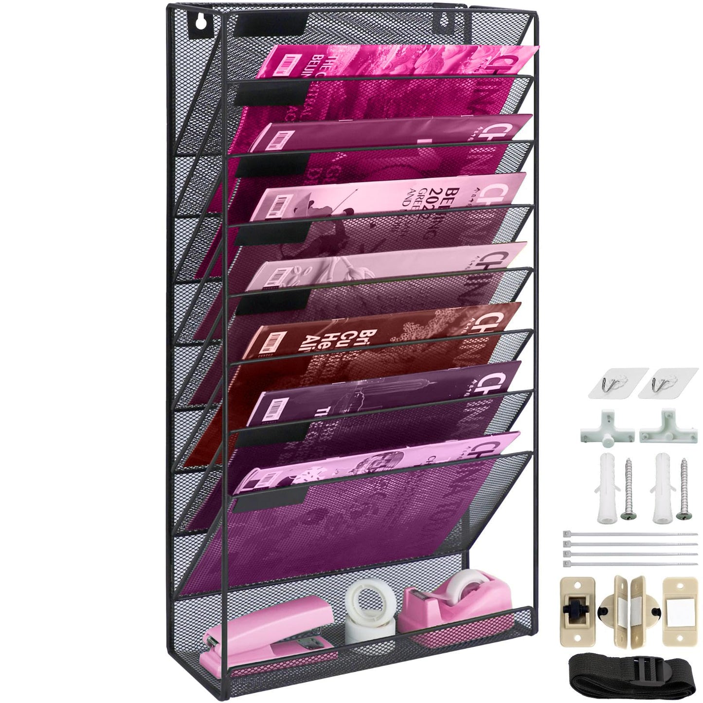 ideallife 8 Pockets Mesh Wall File Holder Organizer with Bottom Flat Tray, Office Hanging File