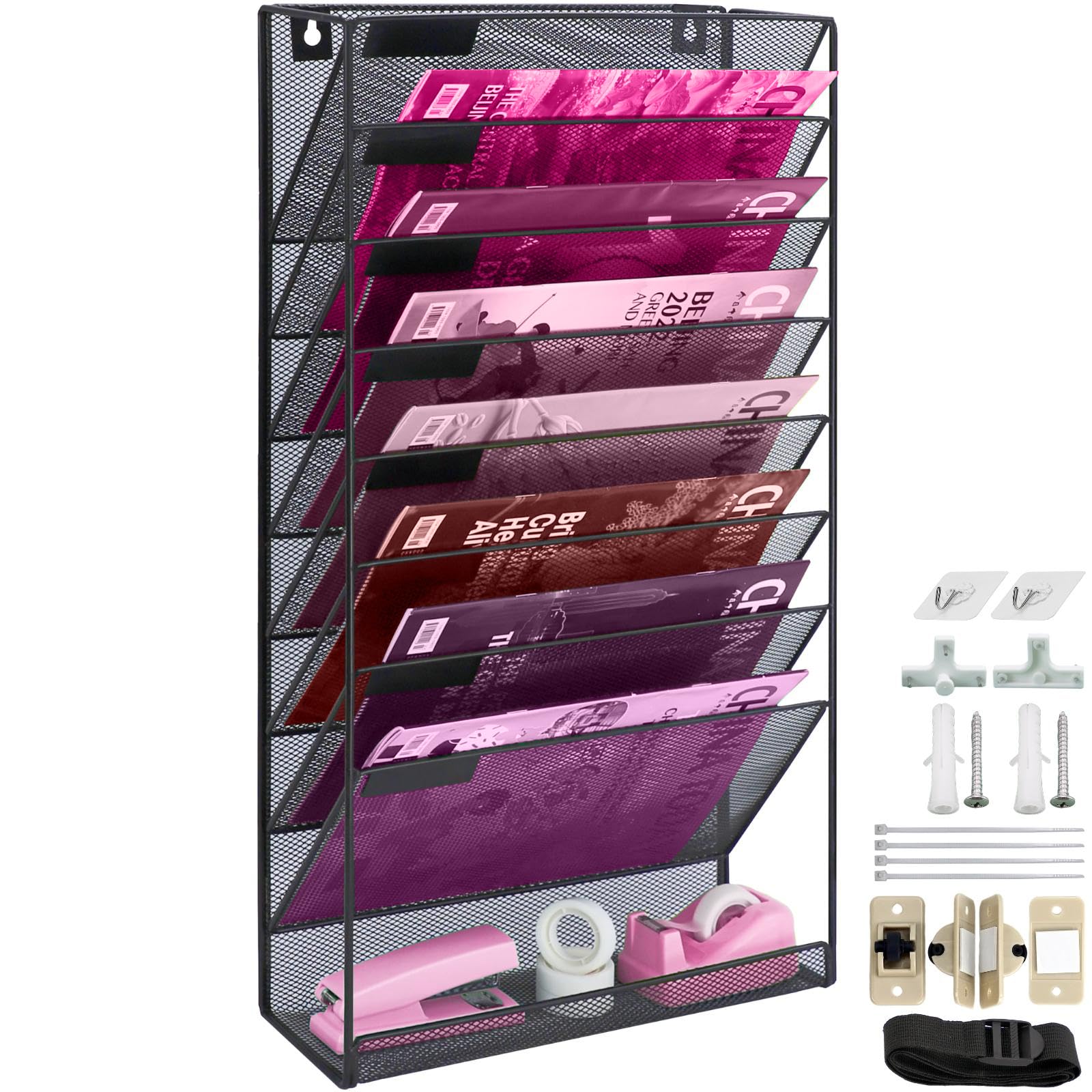 ideallife 8 Pockets Mesh Wall File Holder Organizer with Bottom Flat Tray, Office Hanging File