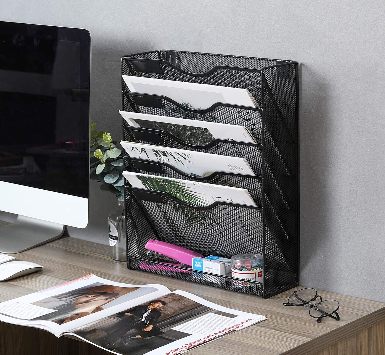 EasyPAG 5 Tier Wall File Holder Mesh Hanging Folder Organizer with Classify Label, Versatile Desk