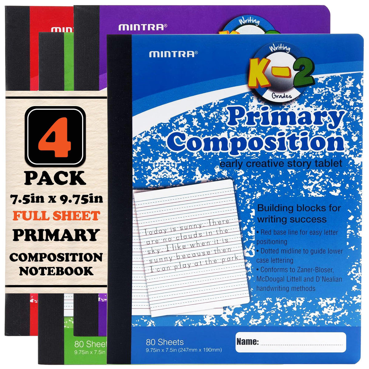 Mintra Primary Composition Notebook, 4 Pack, Assorted Colors 80 Sheets, 7.5in x 9.75in, Full Sheet