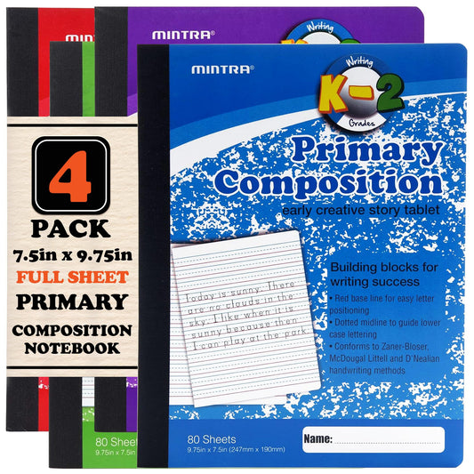 Mintra Primary Composition Notebook, 4 Pack, Assorted Colors 80 Sheets, 7.5in x 9.75in, Full Sheet
