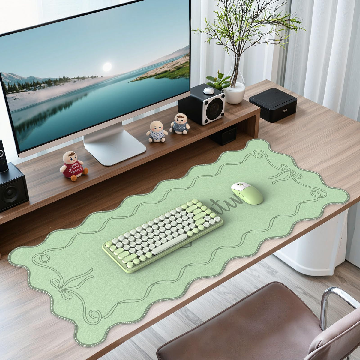 iCasso Green Scalloped Desk Cover Mat, Extra Large Mouse Pad, PU Leather Desk Pad Mat,Waterproof