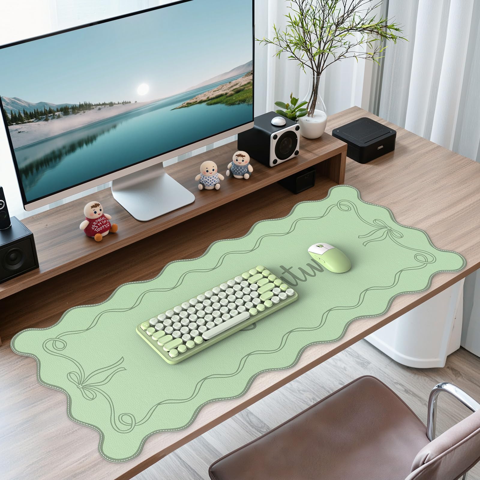 iCasso Green Scalloped Desk Cover Mat, Extra Large Mouse Pad, PU Leather Desk Pad Mat,Waterproof