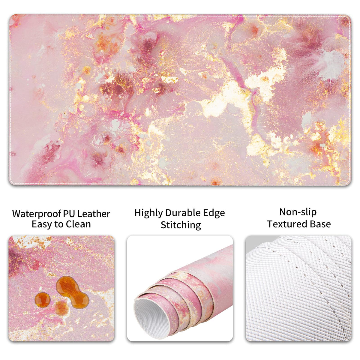QiyI PU Leather Desk Mat Set, 4-in-1 Ergonomic Wrist Rest, Pink Marble