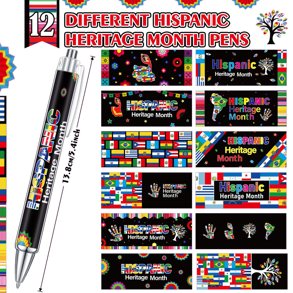 Cholemy 96 Pcs Hispanic Ballpoint Pens Bulk, Latino Flag Retractable Pen