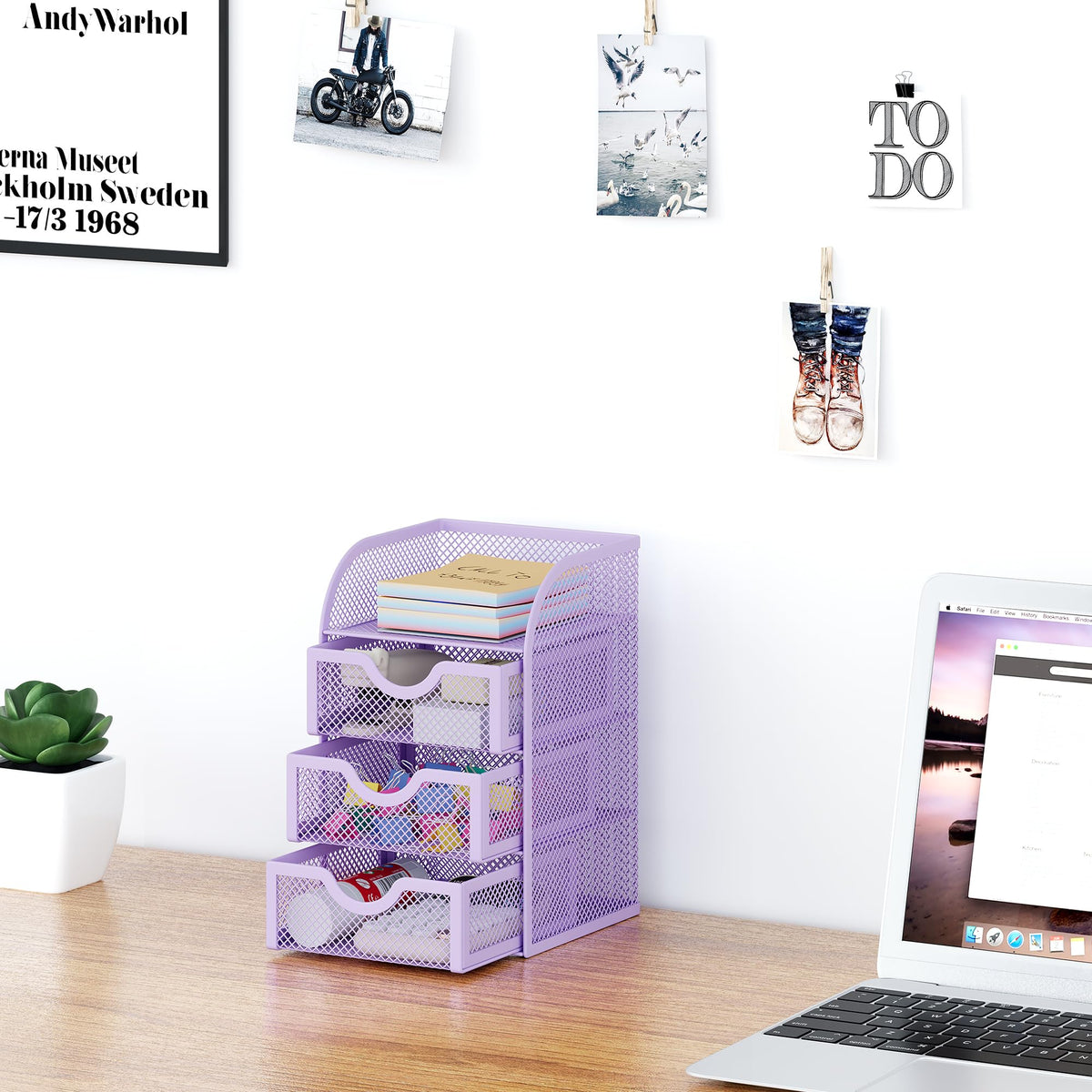 EasyPAG Mesh Desk Organizer with 3 Drawer Office Desktop Organizers and Accessories Stationery
