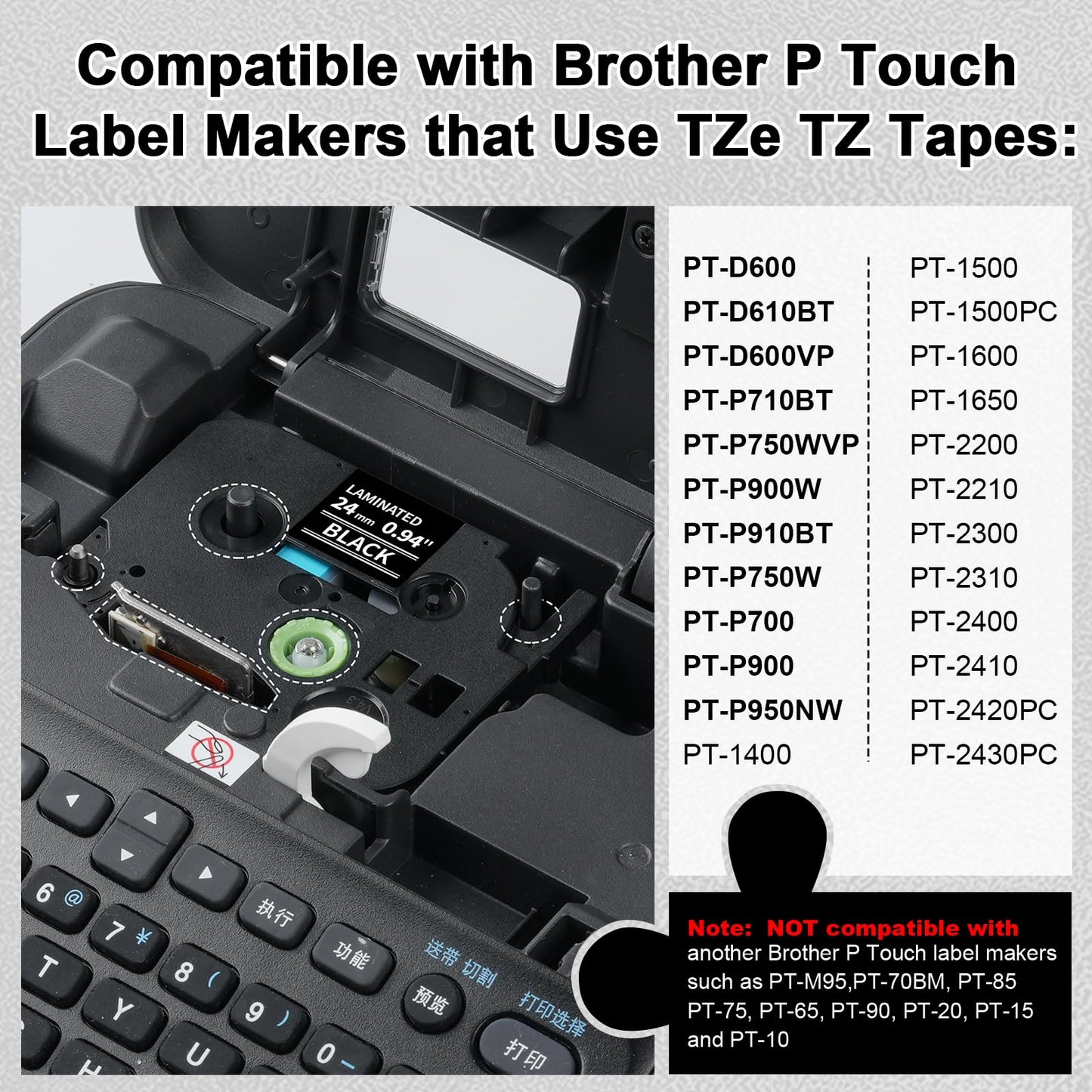 24mm Black Label Tape TZe-355 Replacement for Brother P Touch TZe TZ Tape