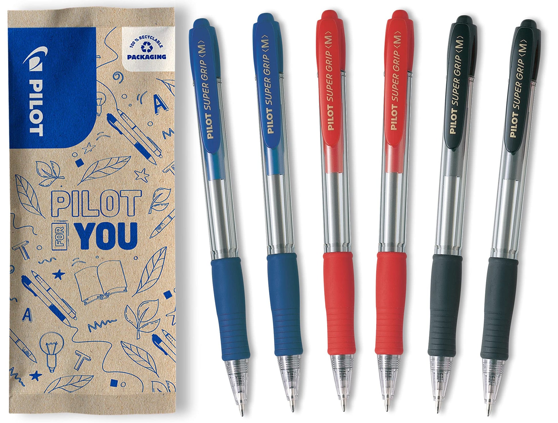 Pilot Super Grip Ballpoint Pens, Set of 6 in M (Blue, Black, Red)